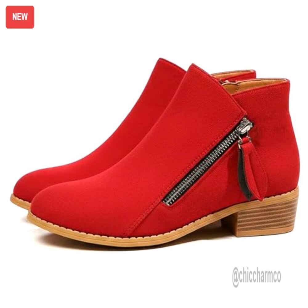 Suede Chunky Heel Ankle Boots Side Zipper Pointed Toe Comfort Work Boots
